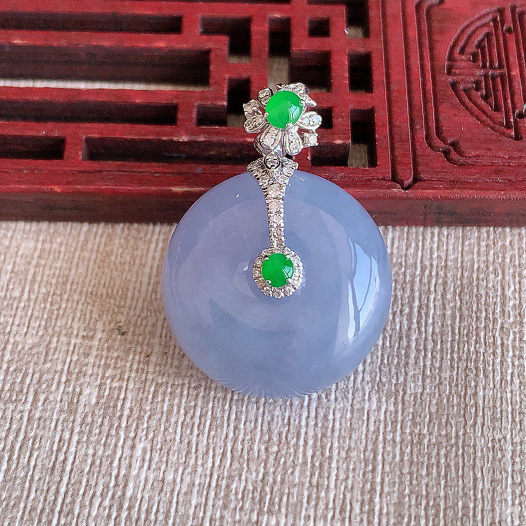 缅甸天然A货玉石翡翠老坑冰种手工精雕18K金伴钻紫罗兰平安扣吊坠