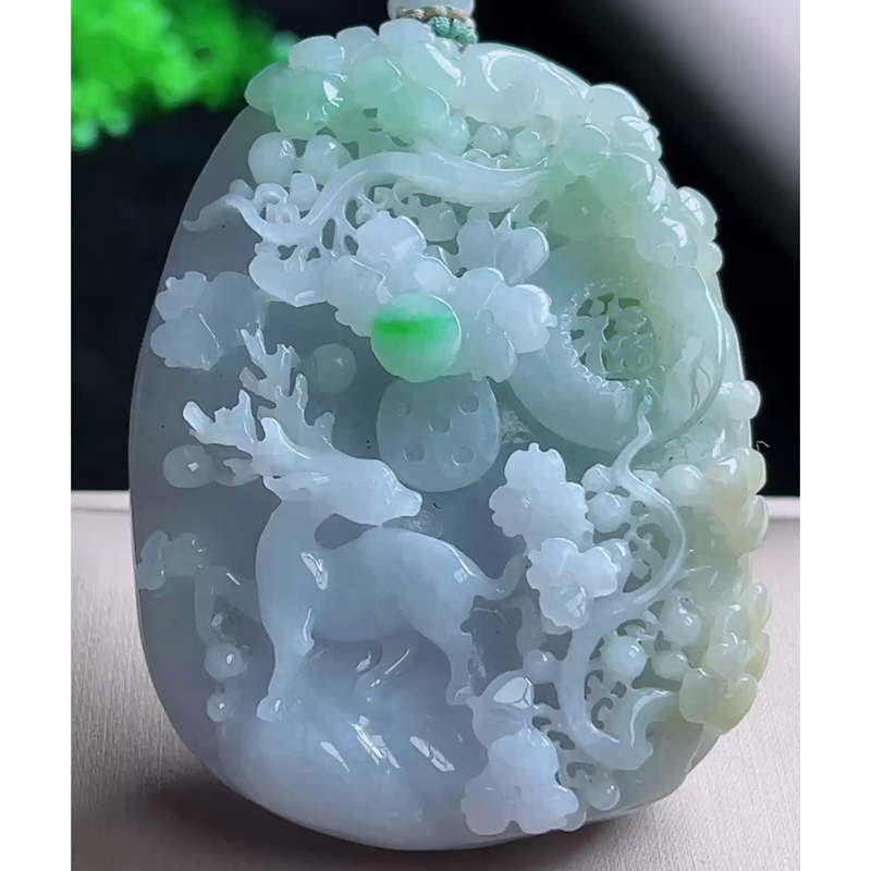 缅甸天然A货玉石翡翠挂件 精雕老坑冰种三彩春彩黄加绿一路发吊坠