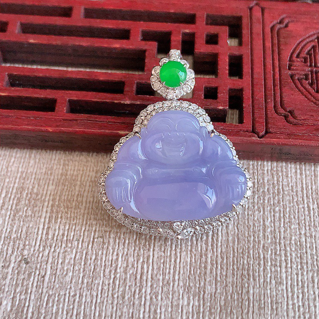 缅甸天然A货玉石翡翠 老坑冰种 手工精雕18K金伴钻紫罗兰佛公吊坠