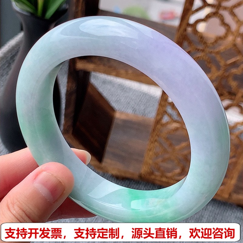 缅甸A货天然翡翠老坑冰种紫罗兰飘绿宽边正圈手镯63-64圈口完美
