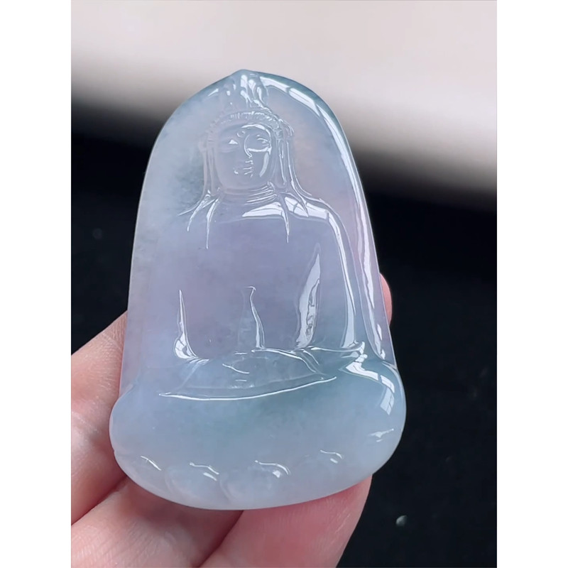 缅甸天然A货玉石翡翠挂件 精雕老坑冰种紫飘花素衣观音吊坠