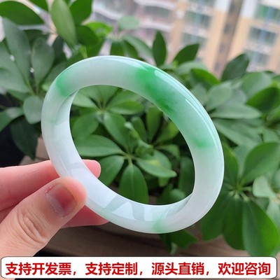 缅甸A货天然翡翠 老坑冰种白底青飘绿正装正圈手镯57-58圈口 完美