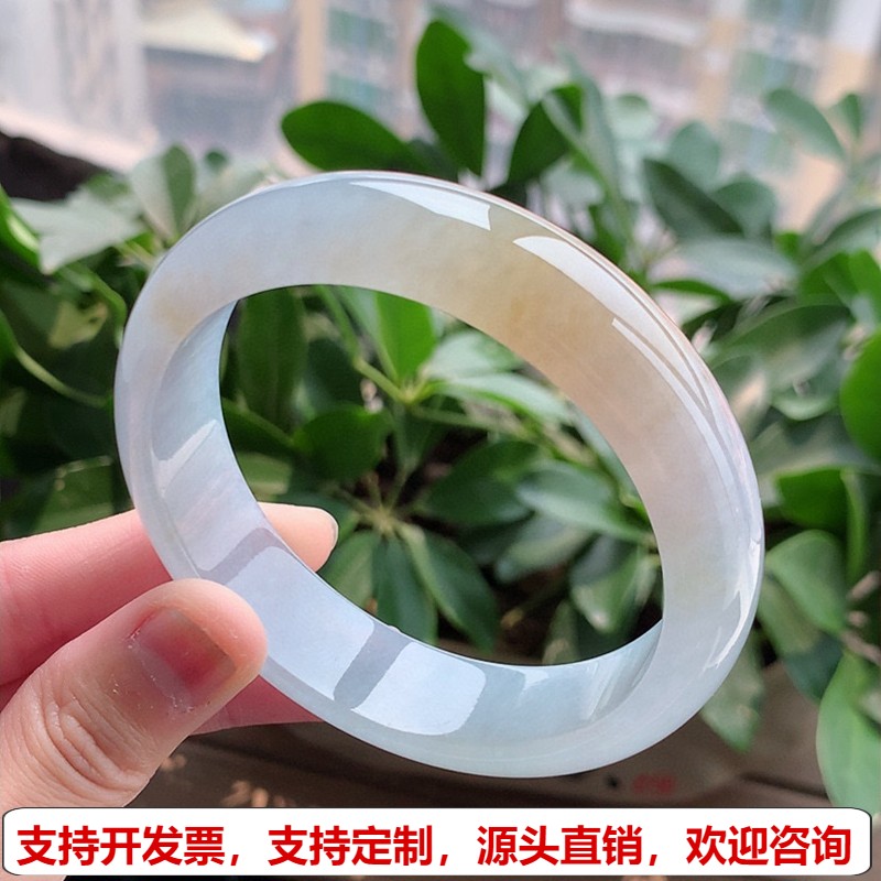 缅甸天然A货翡翠老坑冰种飘黄翡宽边厚装正圈手镯61-62大圈口完美