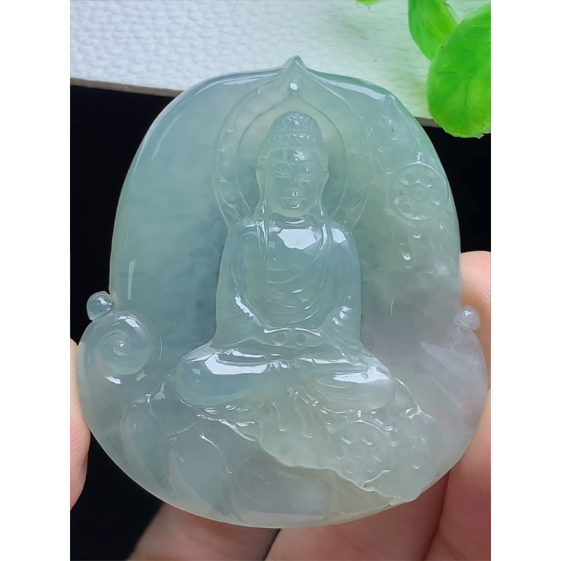 缅甸天然A货玉石翡翠挂件 精雕老坑冰种大日如来佛牌吊坠