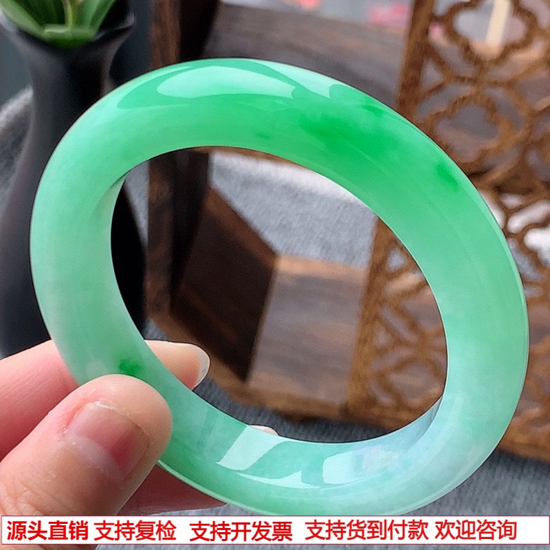 缅甸A货天然翡翠 老坑冰种飘阳绿正装正圈手镯55-56圈口