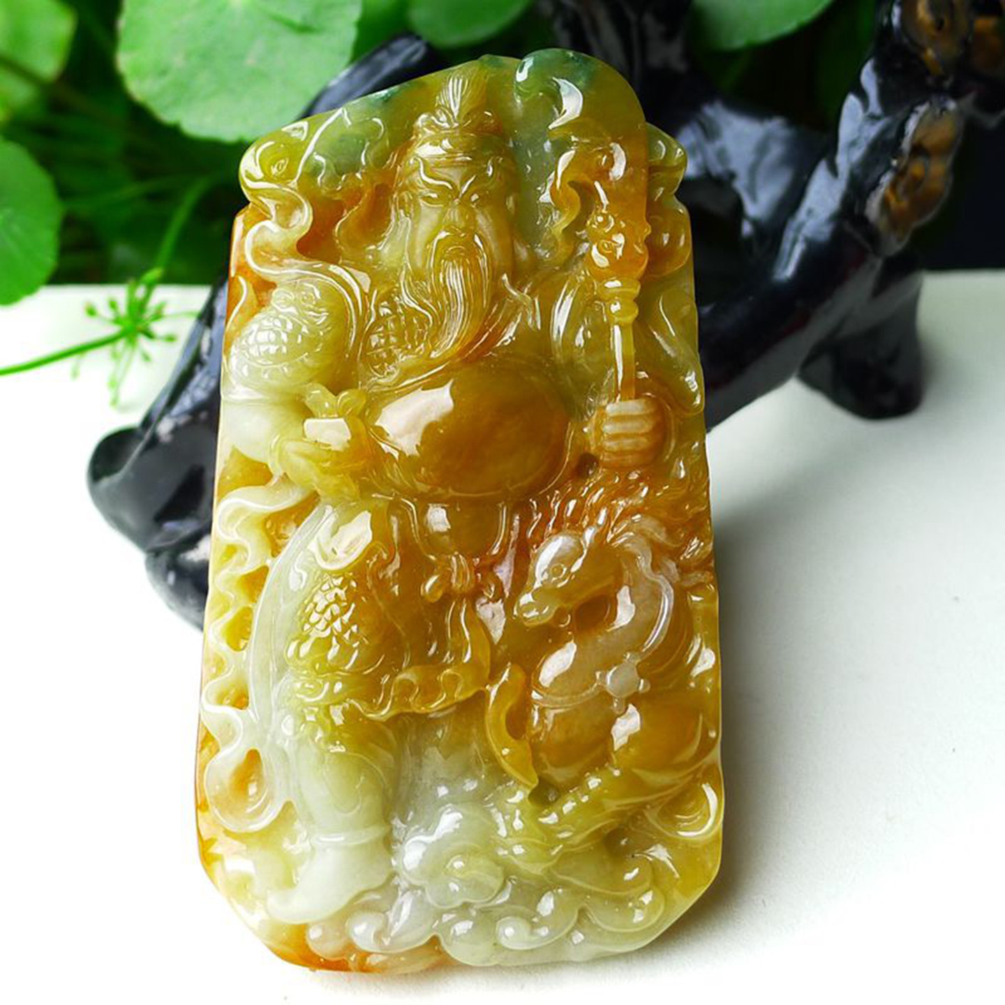 缅甸天然A货玉石翡翠 老坑冰种手工精雕双彩 红翡关公吊坠