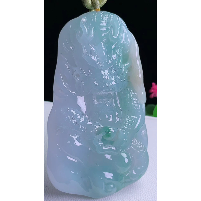 缅甸天然A货玉石翡翠挂件 精雕老坑冰种三彩龙牌吊坠