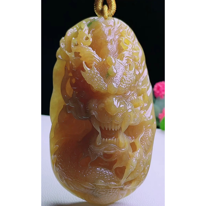 缅甸天然A货玉石翡翠挂件 精雕老坑冰种黄翡龙牌吊坠
