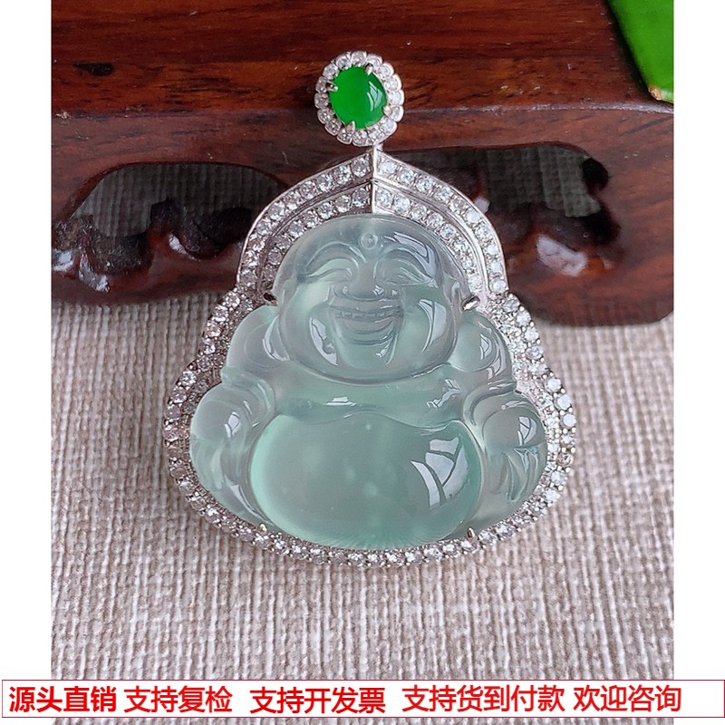 缅甸天然A货玉石翡翠 老坑冰种18K金伴钻镶嵌晴水佛公吊坠