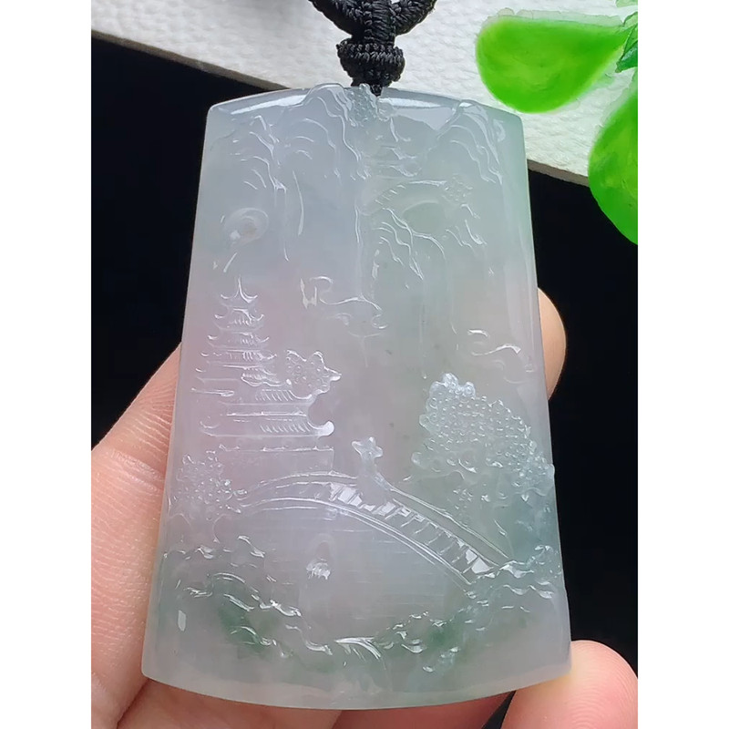 缅甸天然A货玉石翡翠 老坑冰种 手工精雕  飘花山水牌吊坠