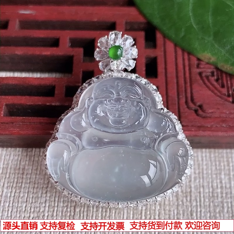 缅甸天然A货翡翠 老坑玻璃种18K金伴钻镶嵌一刀切白月光佛公吊坠