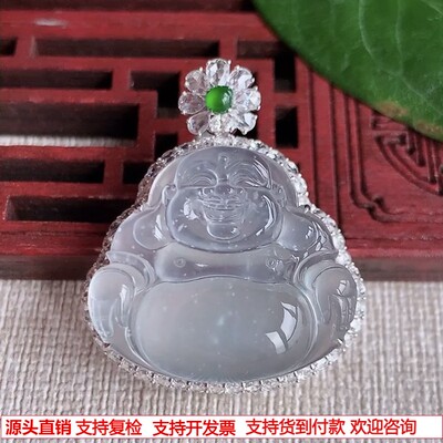 缅甸天然A货翡翠 老坑玻璃种18K金伴钻镶嵌一刀切白月光佛公吊坠