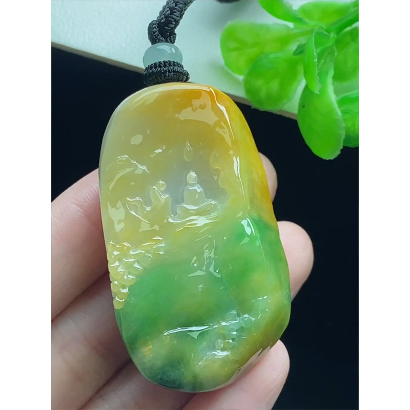 缅甸天然A货玉石翡翠 老坑冰种 手工精雕 黄加绿悟道牌吊坠