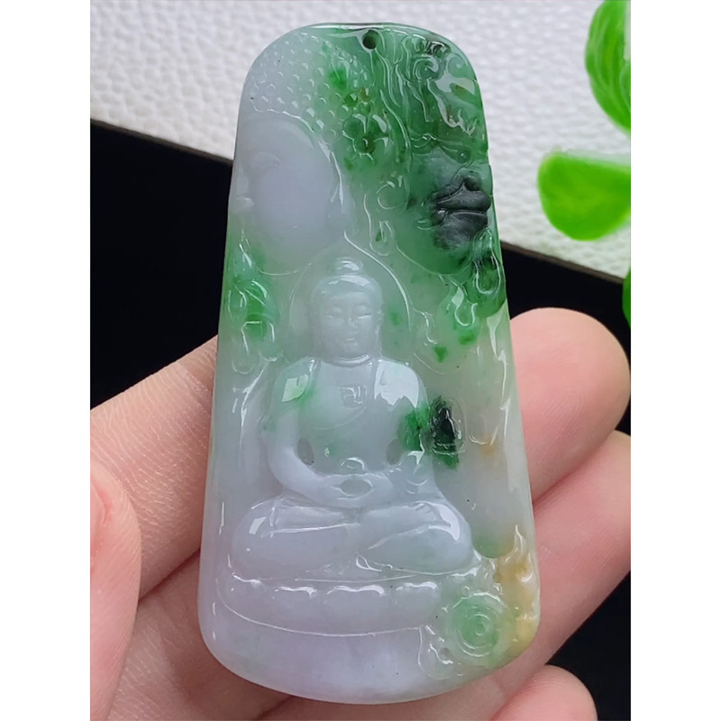 缅甸天然A货玉石翡翠 老坑冰种 手工精雕 黄加绿大日如来牌吊坠