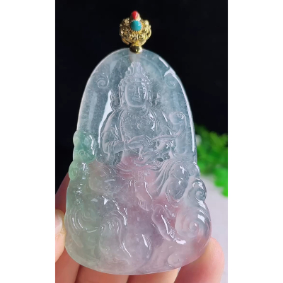 缅甸天然A货翡翠挂件 精雕老坑高冰种18k金扣飘绿普贤菩萨吊坠