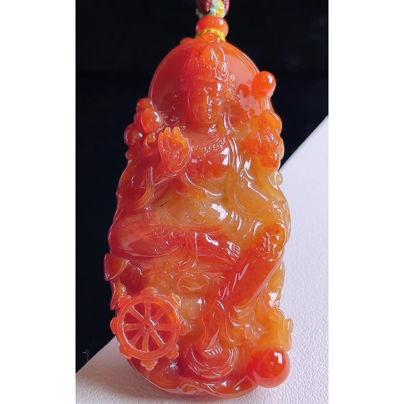 缅甸天然A货玉石翡翠 老坑冰种红翡山水观音吊坠