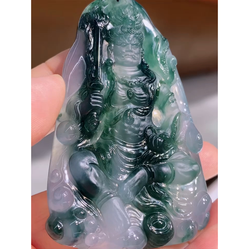 缅甸天然A货玉石翡翠 老坑高冰种飘花不动明王吊坠