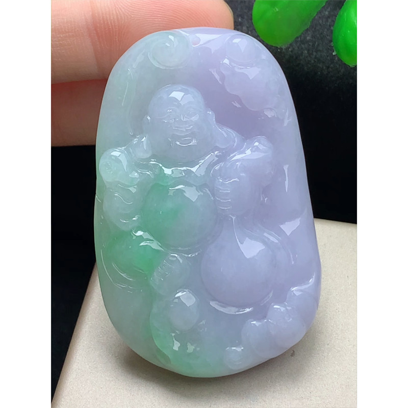 缅甸天然A货玉石翡翠 老坑冰种 手工精雕 春彩布袋佛吊坠