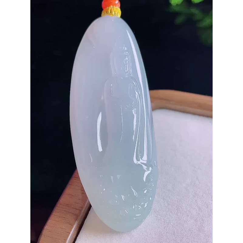 缅甸天然A货玉石翡翠挂件 精雕老坑冰胶文殊菩萨吊坠