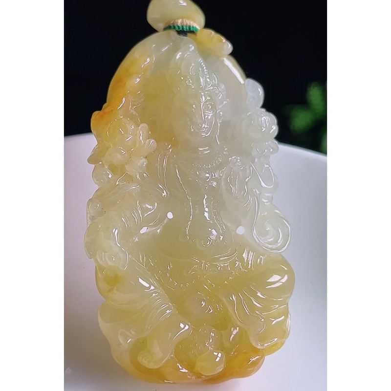 缅甸天然A货玉石翡翠 老坑冰种黄翡大势至菩萨吊坠