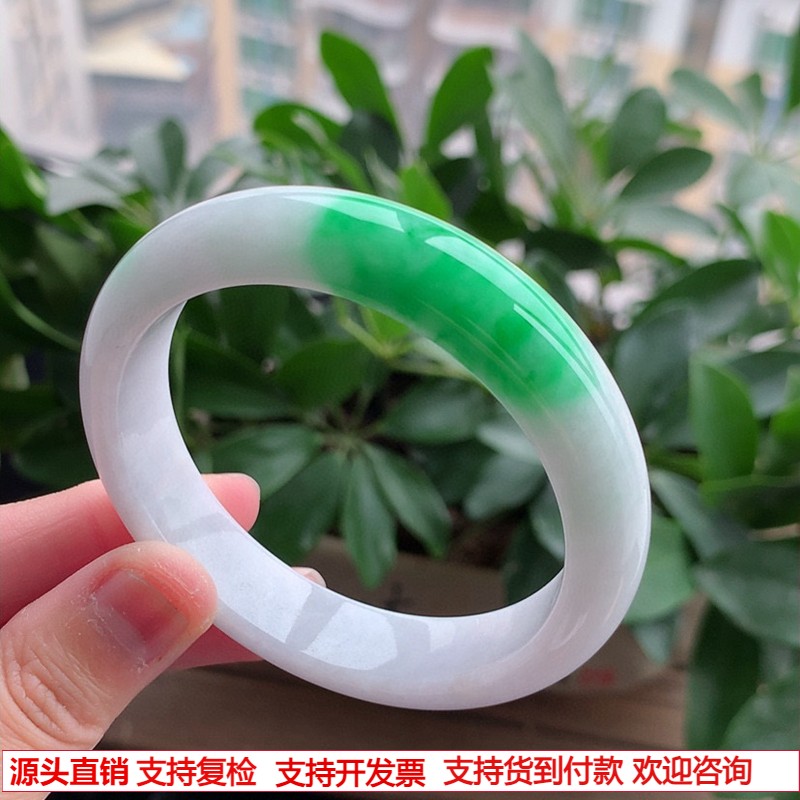 缅甸A货天然翡翠 老坑冰种白底青飘阳绿正装正圈手镯56-57圈口
