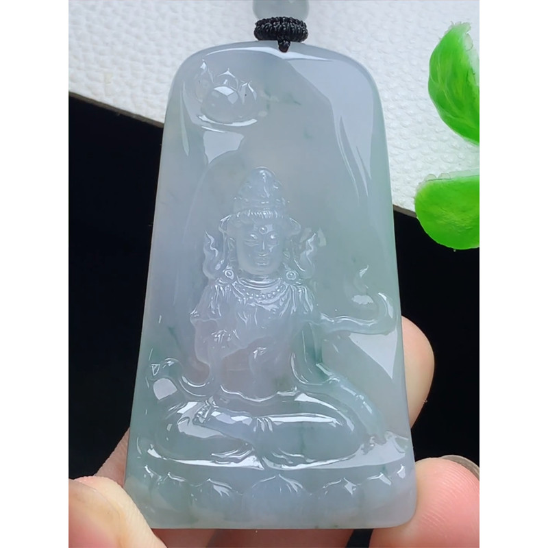 缅甸天然A货玉石翡翠 老坑冰种 手工精雕 飘绿观音牌吊坠