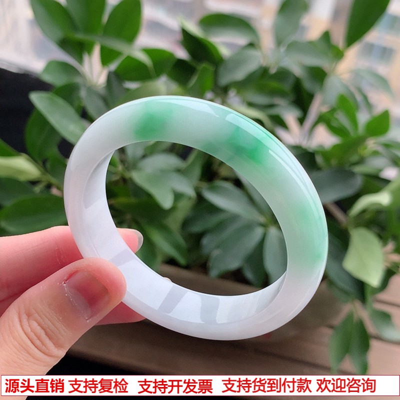 缅甸A货天然翡翠 老坑冰种白底青飘绿正装正圈手镯53-54圈口