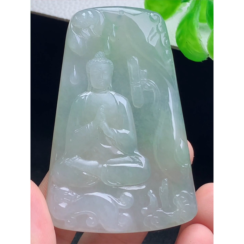 缅甸天然A货玉石翡翠 老坑冰种手工精雕大日如来牌吊坠