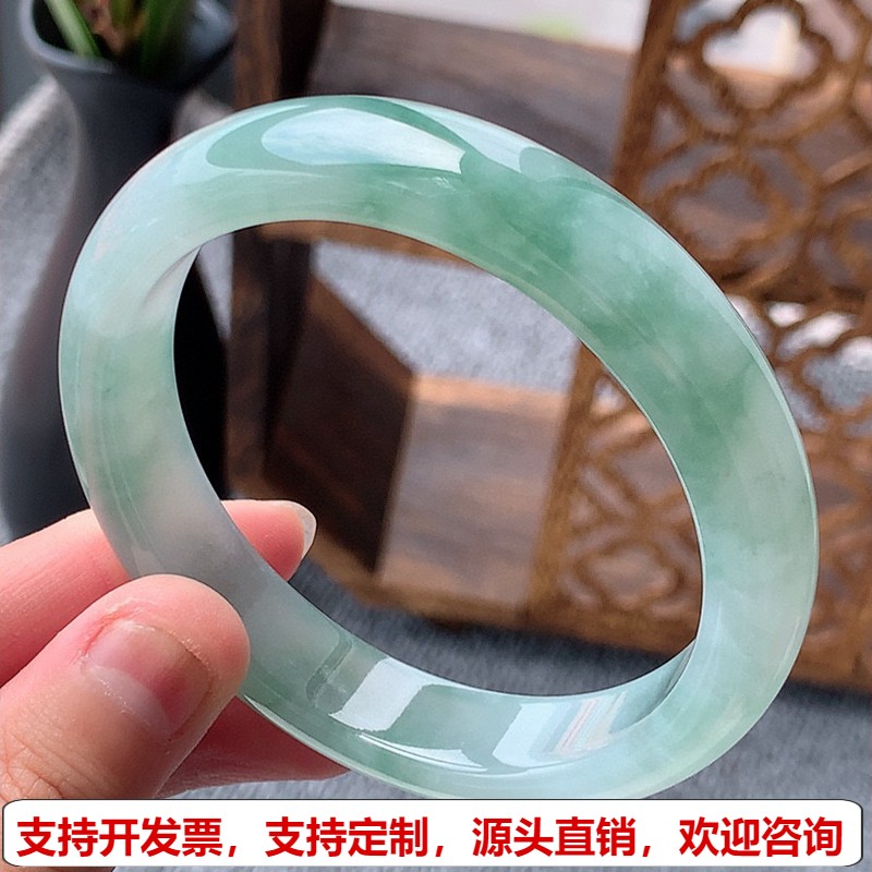 缅甸A货天然翡翠 老坑冰种飘花正装正圈手镯58-59圈口 完美