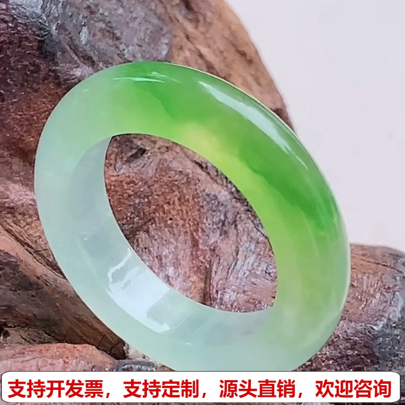 缅甸天然A货翡翠戒指 精雕老坑冰种冰黄加绿戒指戒圈口16.6