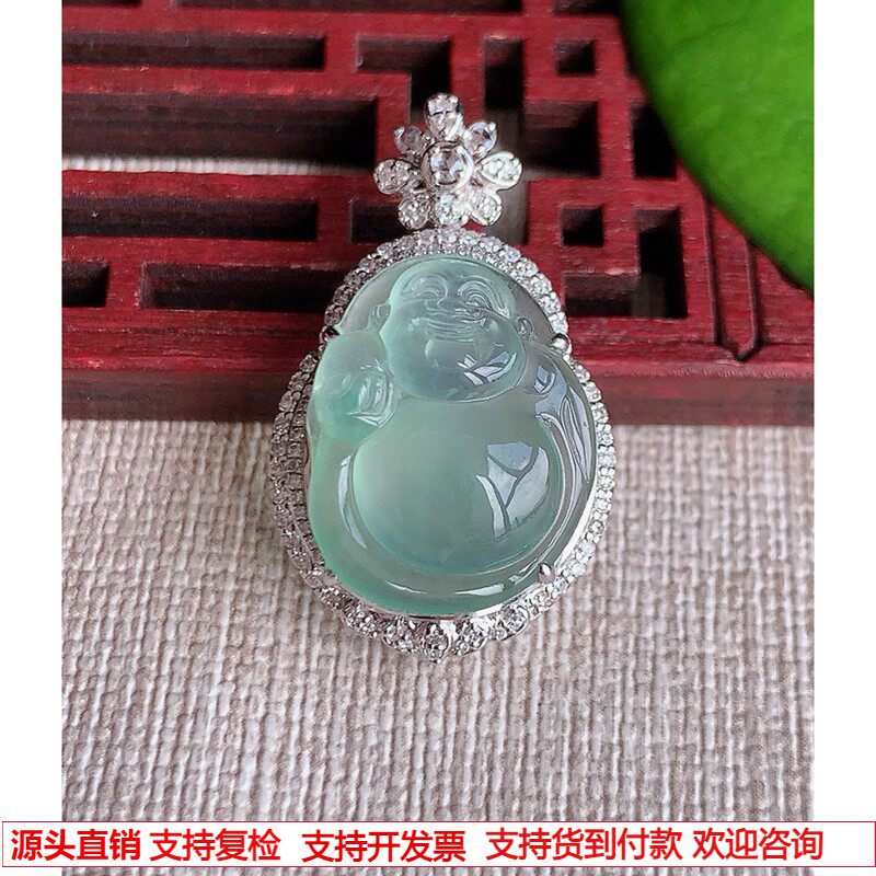 缅甸天然A货玉石翡翠 老坑冰种18K金伴钻镶嵌晴水逍遥佛吊坠
