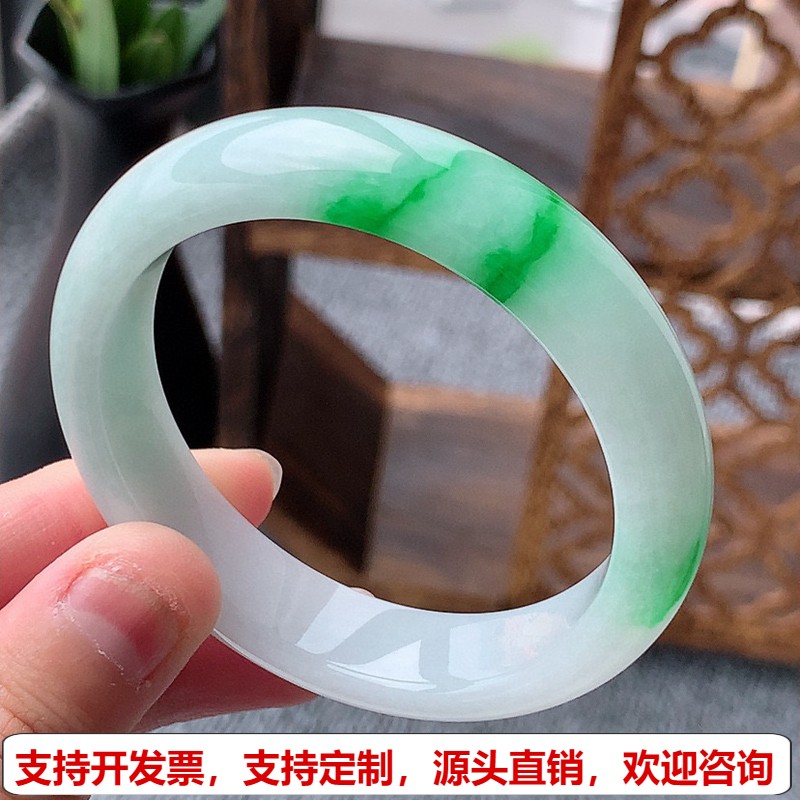 缅甸A货天然翡翠 老坑冰种飘阳绿正装正圈手镯51-52小圈口 完美