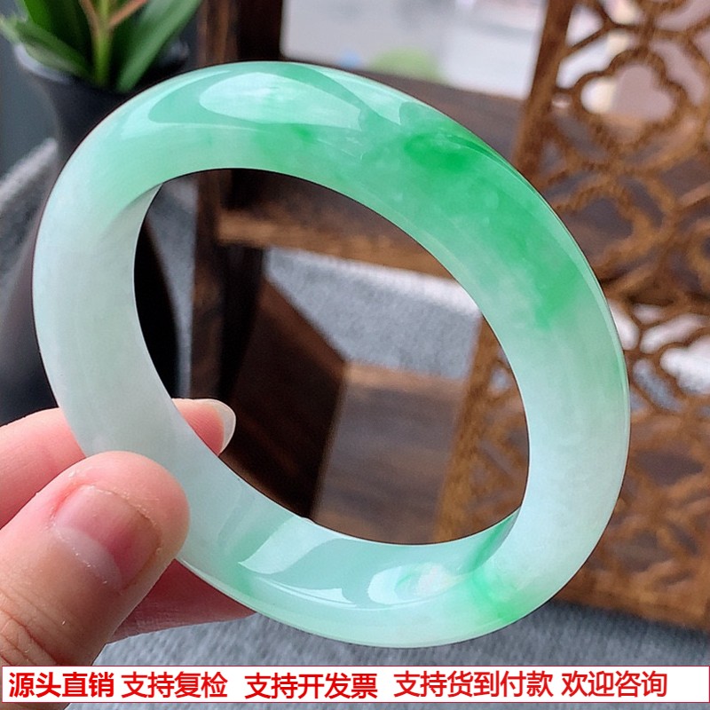 缅甸A货天然翡翠 老坑冰种飘阳绿正装正圈手镯54-55圈口