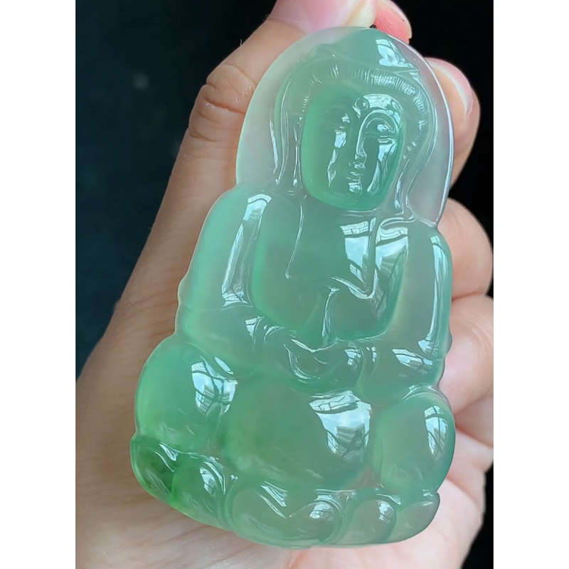 缅甸天然A货玉石翡翠 老坑冰种晴水绿飘花观音吊坠