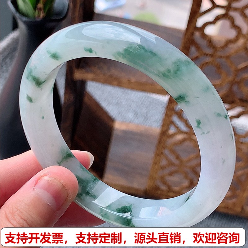 缅甸A货天然翡翠 老坑冰种飘花正装正圈手镯62-63大圈口