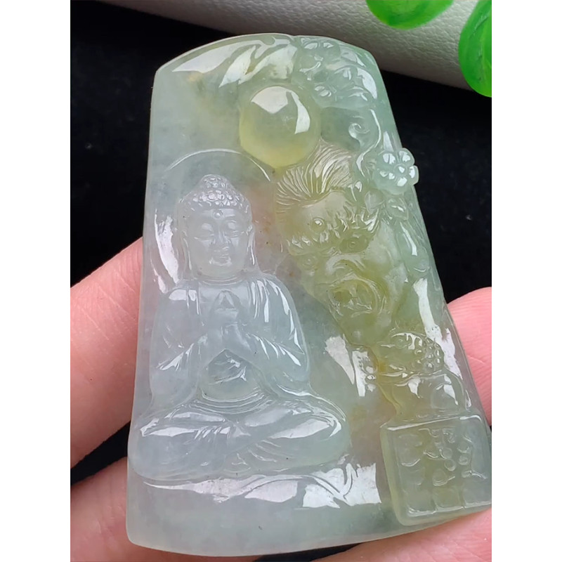 缅甸天然A货玉石翡翠挂件 精雕老坑冰种黄翡大日如来佛牌吊坠