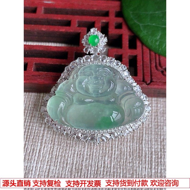 缅甸天然A货玉石翡翠 老坑冰种18K金伴钻镶嵌晴绿佛公吊坠