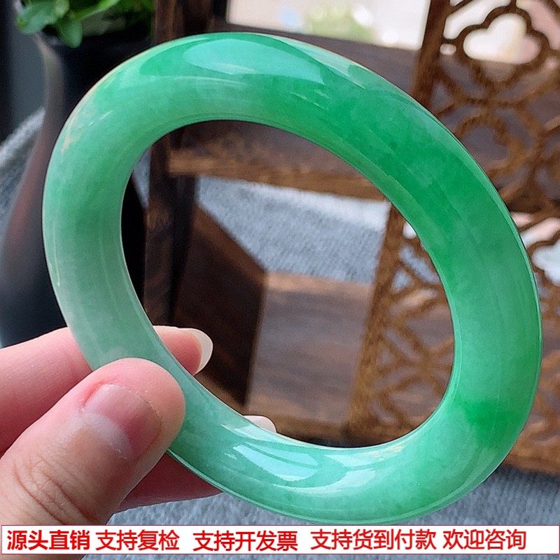 缅甸A货天然翡翠 老坑冰种满绿阳绿胖圆条手镯57-58圈口