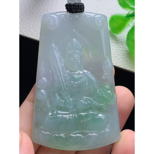 缅甸天然A货玉石翡翠 老坑冰种 手工精雕 飘绿虚空藏菩萨牌吊坠