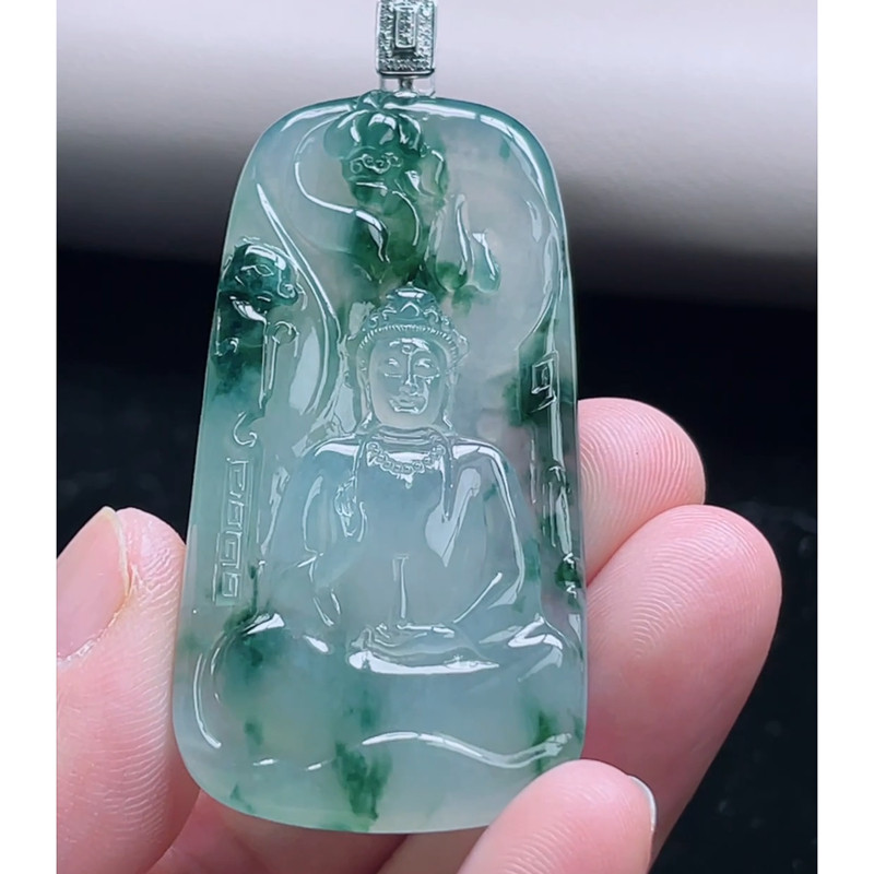 缅甸天然A货玉石翡翠挂件 精雕老坑金扣冰飘花观音牌吊坠