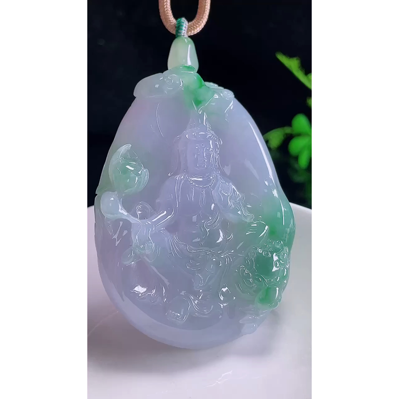 缅甸天然A货玉石翡翠 老坑冰种 手工精雕 紫飘绿文殊菩萨吊坠