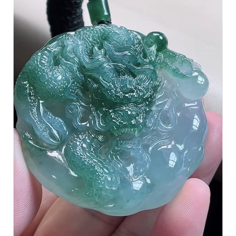 缅甸天然A货玉石翡翠挂件 精雕老坑冰种飘花龙牌吊坠