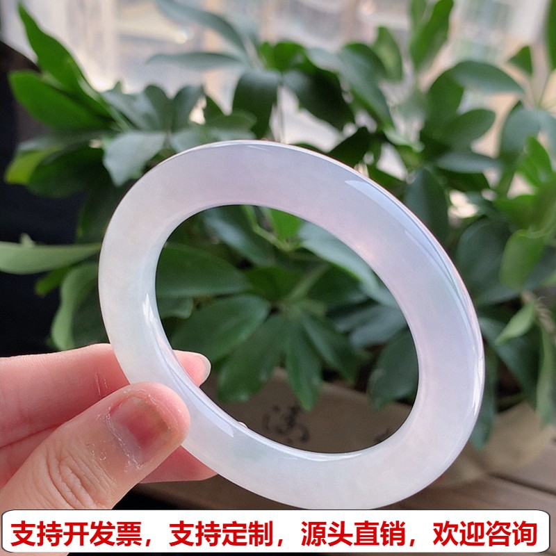 缅甸A货天然翡翠 老坑冰种淡紫罗兰圆条手镯55-56圈口 完美