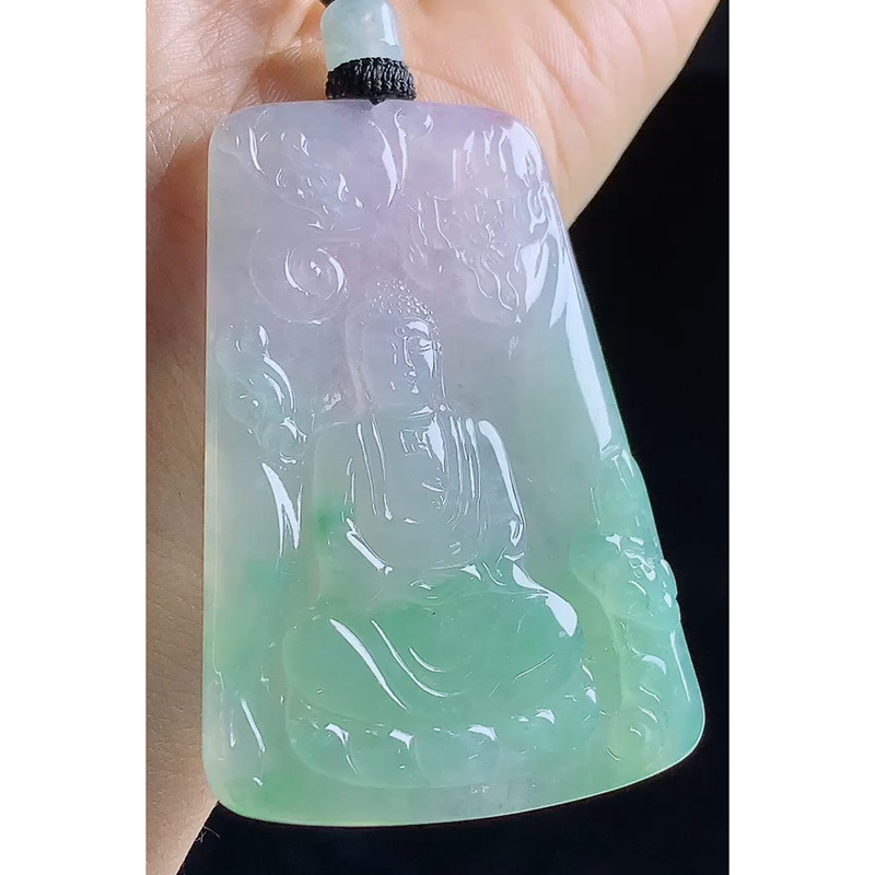 缅甸天然A货玉石翡翠挂件 精雕老坑冰种晴绿春彩紫绿大日如来吊坠