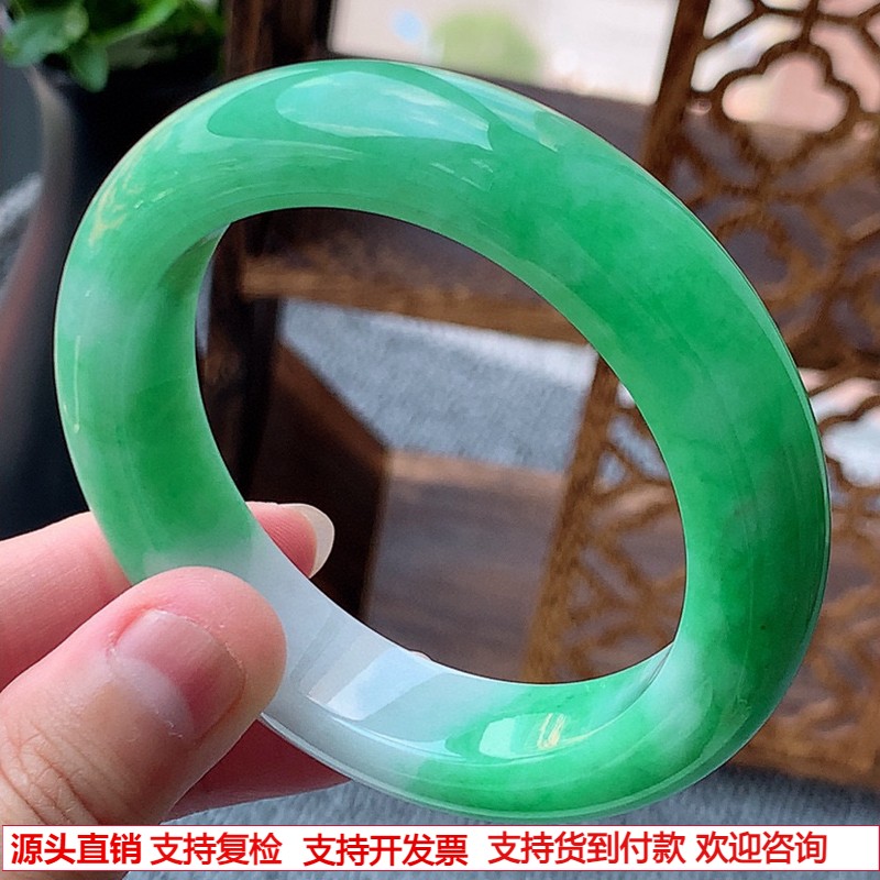 缅甸A货天然翡翠 老坑冰种白底青飘阳绿正装正圈手镯54-55圈口