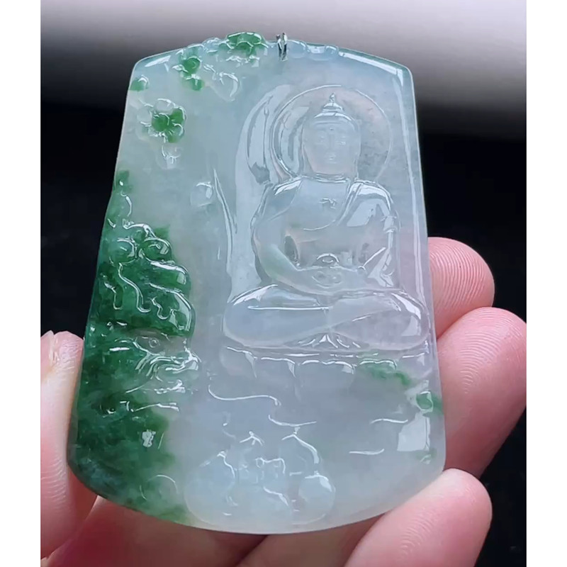缅甸天然A货玉石翡翠挂件 精雕老坑飘花大日如来佛吊坠