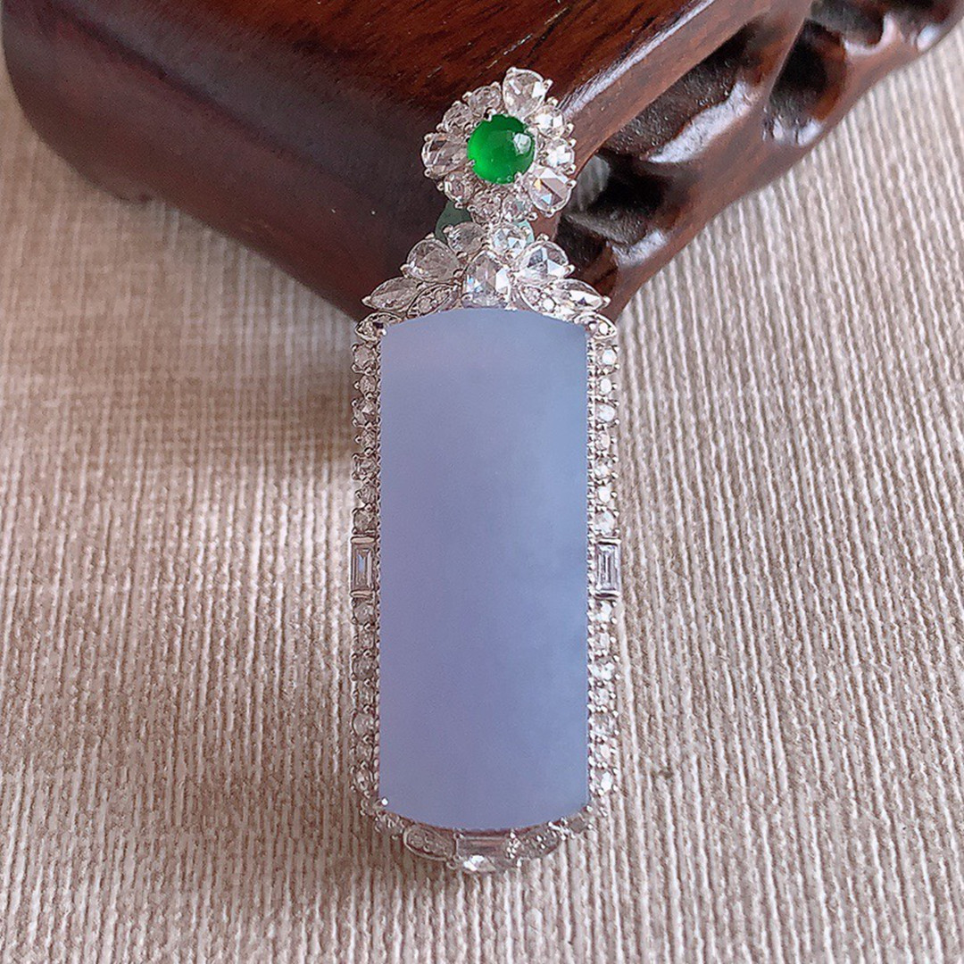 缅甸天然A货玉石翡翠老坑冰种手工精雕18K金伴钻紫罗兰无事牌吊坠