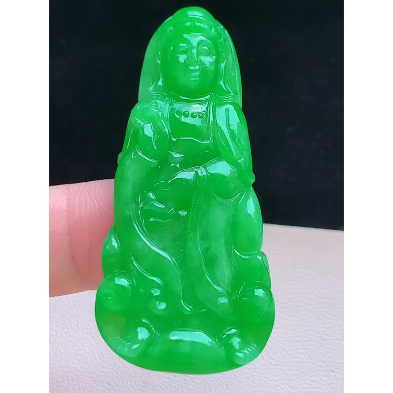 缅甸天然A货玉石翡翠 老坑冰种 手工精雕 阳绿观音吊坠