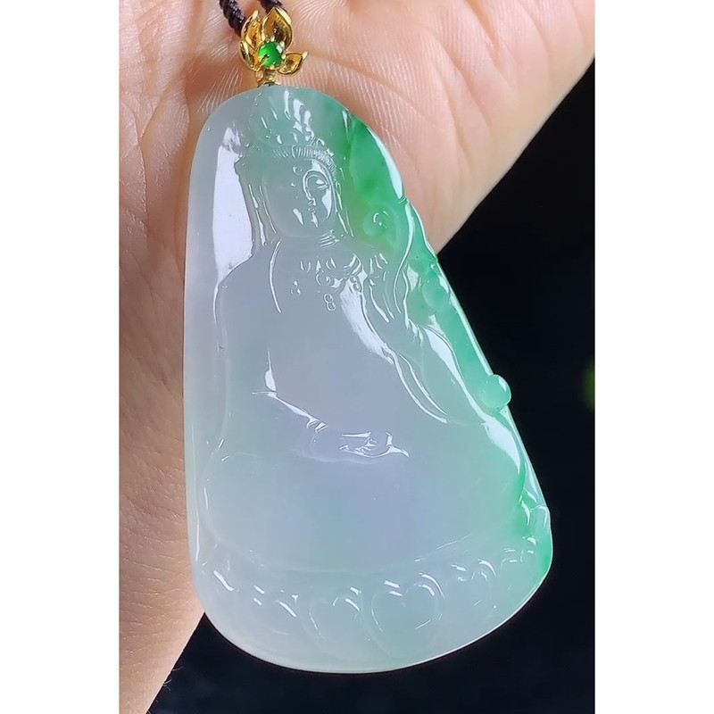 缅甸天然A货玉石翡翠挂件 精雕老坑冰种金扣冰飘绿观音吊坠