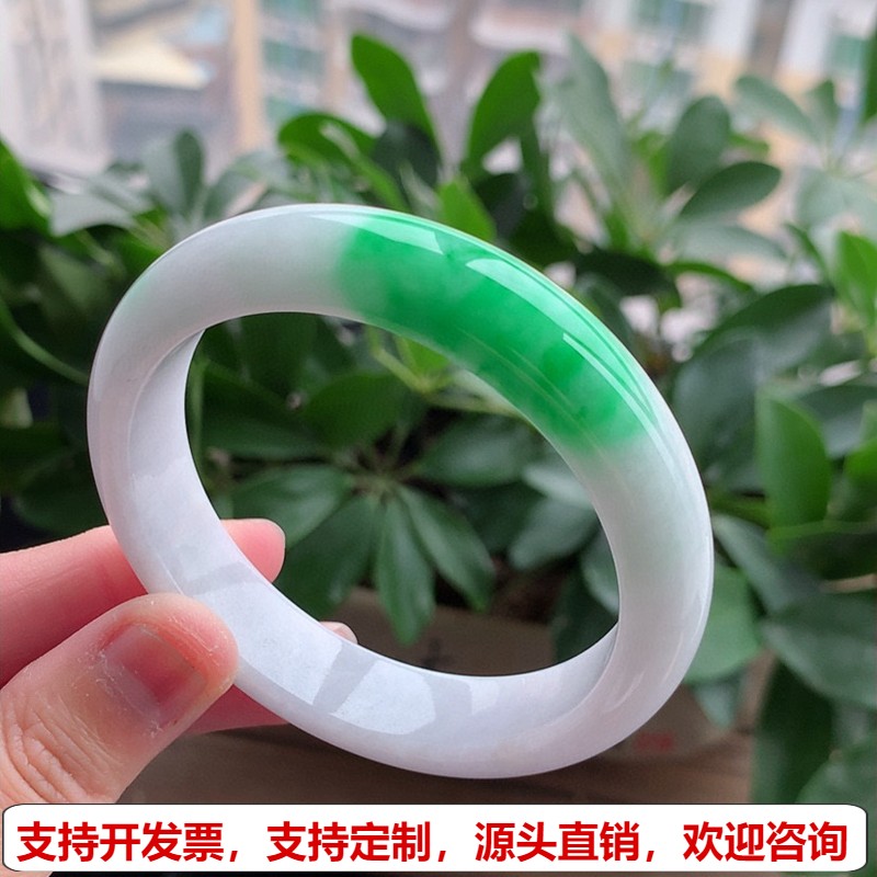 缅甸A货天然翡翠 老坑冰种白底青飘阳绿正装正圈手镯56-57圈口